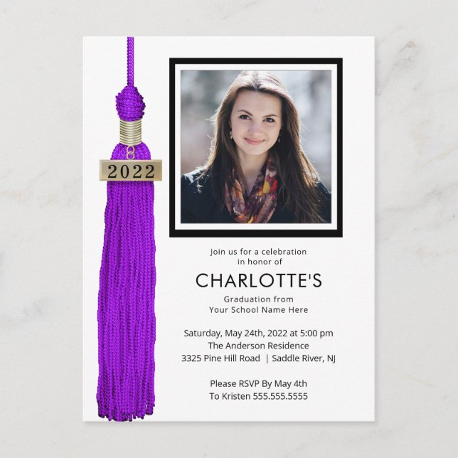 Invitación a graduación de foto de tassel morado (Anverso)
