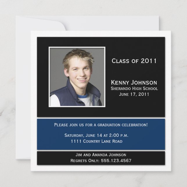 Invitación a graduación de foto en blanco azul (Anverso)