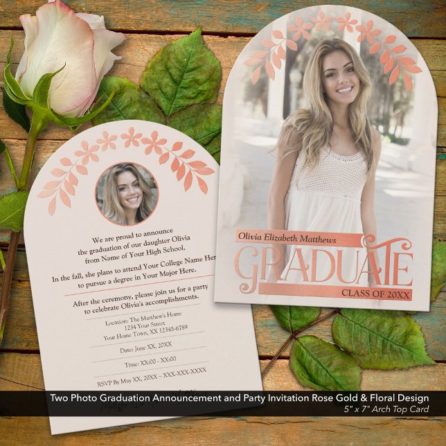 Invitación a graduación de foto Rosa Floral de oro (Two Photo Graduation Announcement and Invitation with Faux Embossed Rose Gold and Floral Details)