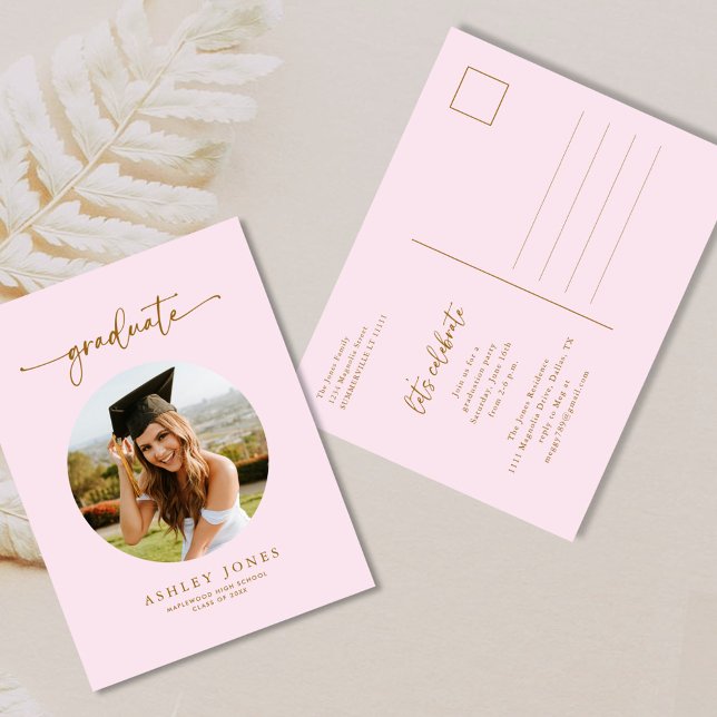 Invitación a graduación de fotografía rosa y dorad (Subido por el creador)