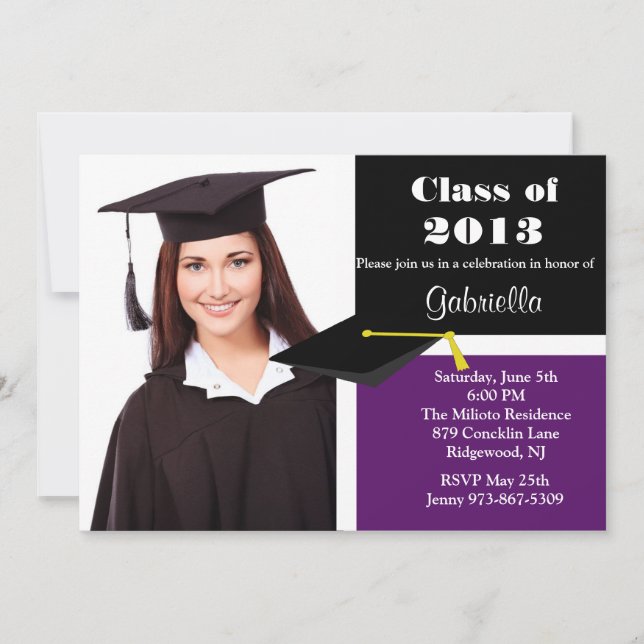 Invitación a graduación de fotografías moradas y n (Anverso)