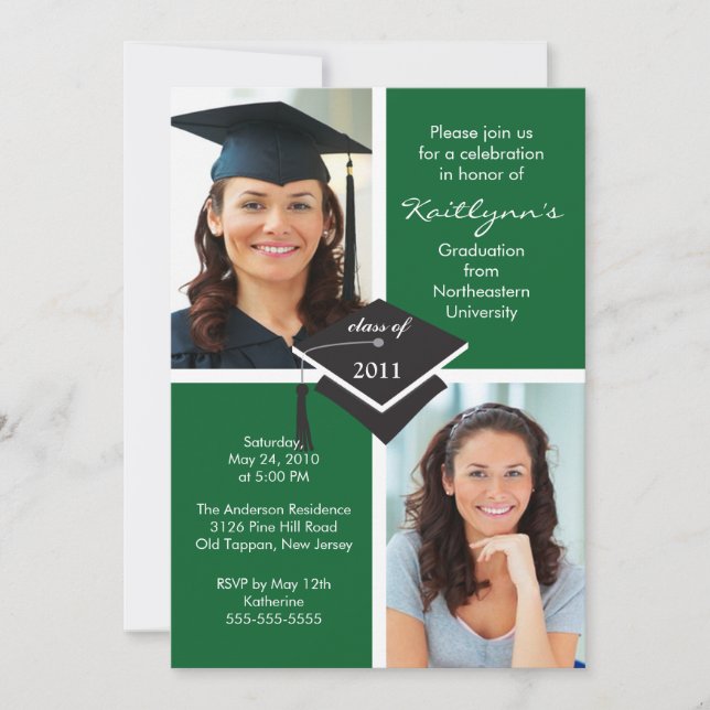 Invitación a graduación de fotografías verdes y bl (Anverso)