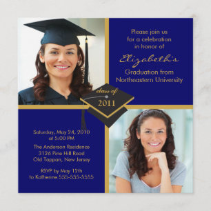 Invitación a graduación de fotos azules y doradas