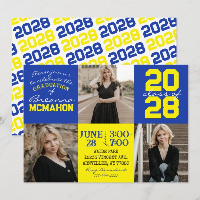 Invitación a graduación de fotos Blue & Yellow 3 (Anverso / Reverso)