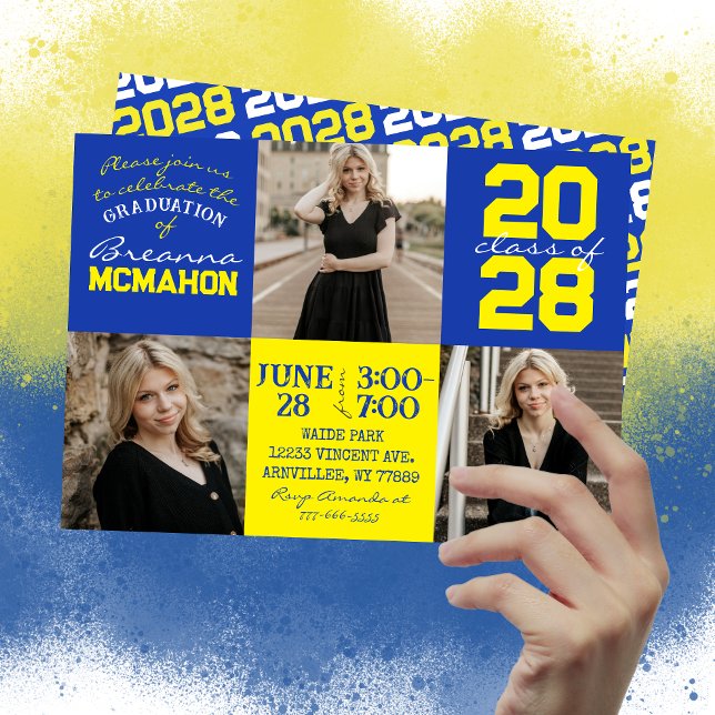 Invitación a graduación de fotos Blue & Yellow 3 (Unique Blue and Yellow 3 Photo Graduation Invitations)