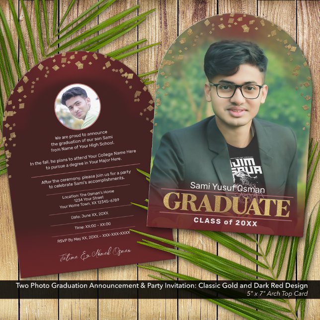 Invitación a graduación de fotos Clásico Oro oscur (Two Photo Graduation Announcement and Invitation: Classic Design in Gold and Dark Red)