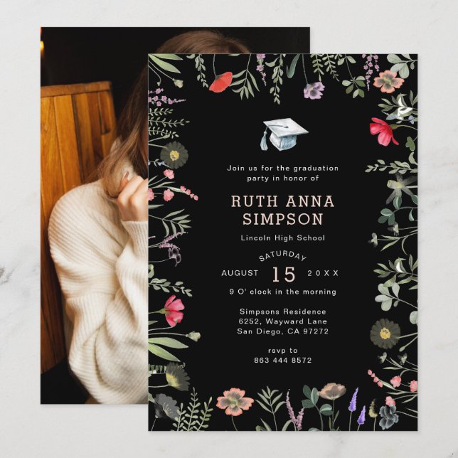 Invitación a graduación de fotos de flores silvest (Anverso / Reverso)