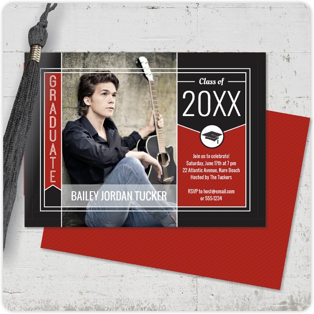 Invitación a graduación de fotos de graduados rojo (Subido por el creador)