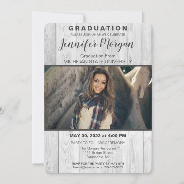 Invitación a graduación de fotos de madera blanca  (Anverso)
