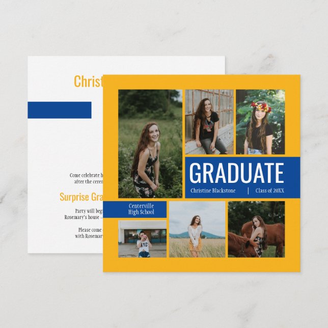 Invitación a graduación de fotos en amarillo y azu (Anverso / Reverso)