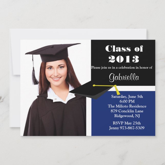 Invitación a graduación de fotos en azul y negro (Anverso)