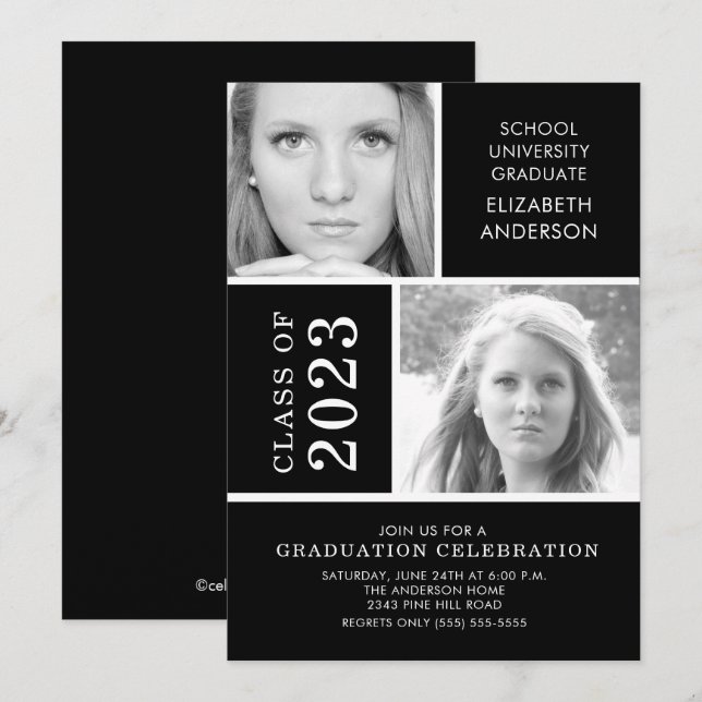 Invitación a graduación de fotos en blanco y negro (Anverso / Reverso)