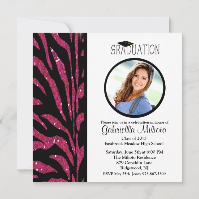 Invitación a graduación de fotos en cebra negra y  (Anverso)