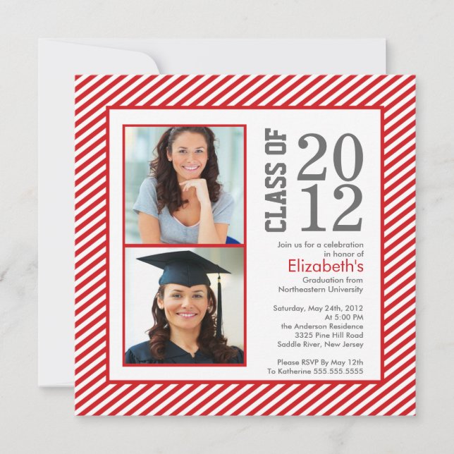 Invitación a graduación de fotos en franjas rojas  (Anverso)
