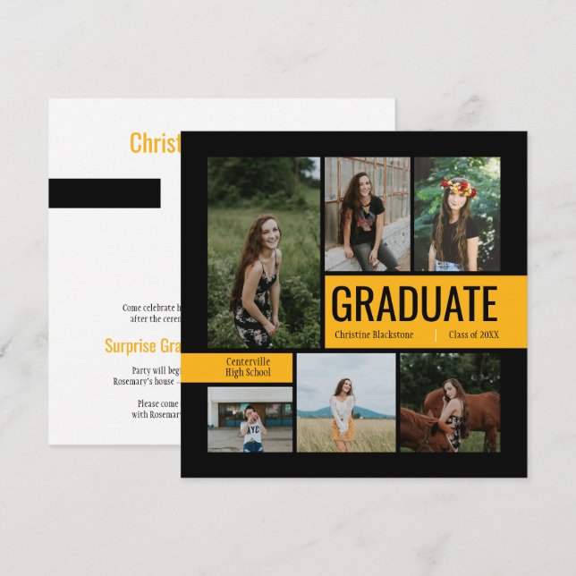 Invitación a graduación de fotos en negro y amaril (Anverso / Reverso)