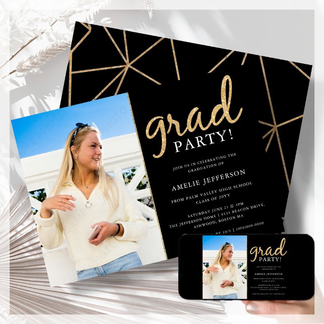 Invitación a graduación de fotos en negro y oro (Subido por el creador)