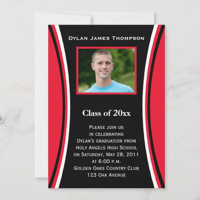 Invitación a graduación de fotos en rojo, negro y  (Anverso)