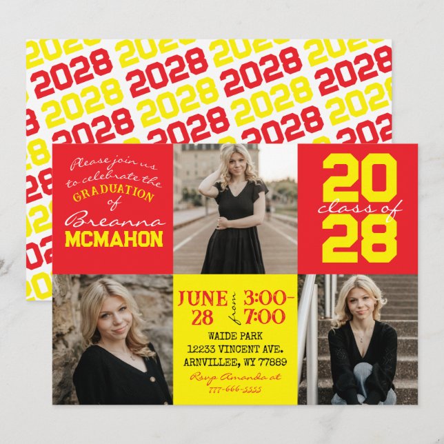 Invitación a graduación de fotos en rojo y amarill (Anverso / Reverso)