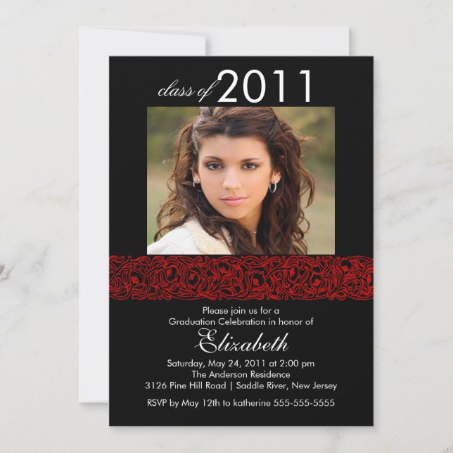 Invitación a graduación de fotos en rojo y negro (Anverso)