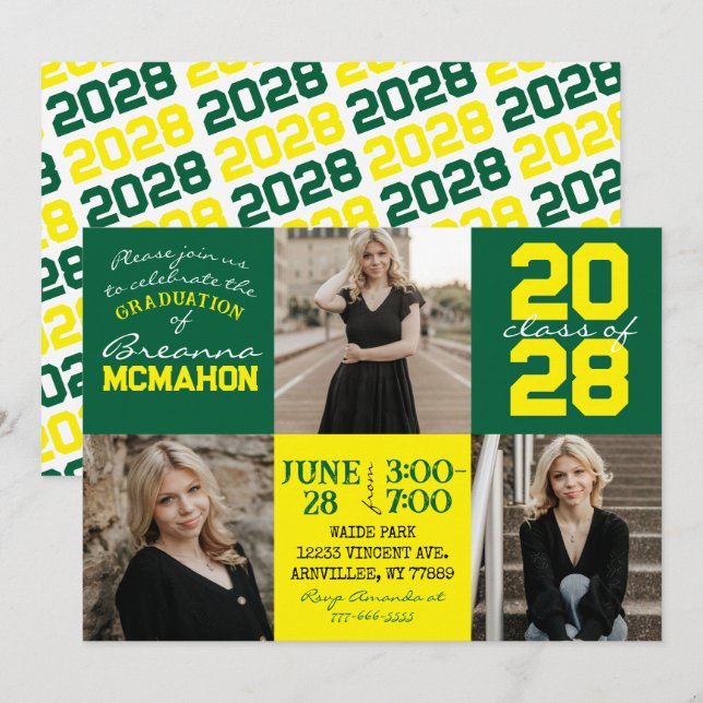 Invitación a graduación de fotos en verde y amaril (Anverso / Reverso)