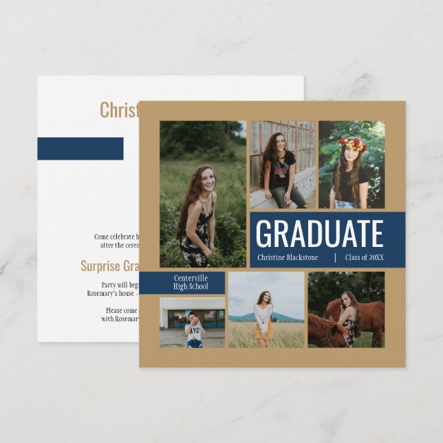 Invitación a graduación de fotos Gold & Navy 6 (Anverso / Reverso)