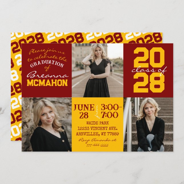 Invitación a graduación de fotos Maroon & Gold 3 (Anverso / Reverso)