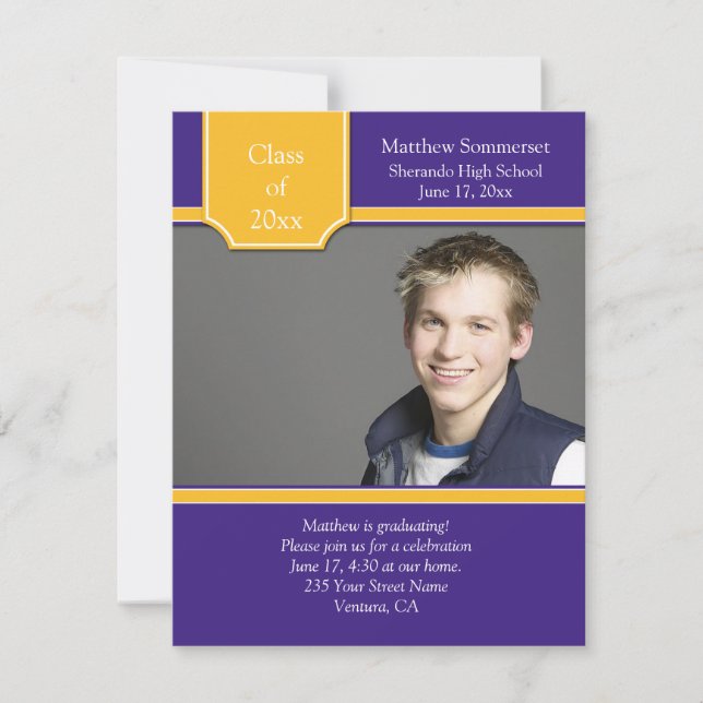 Invitación a graduación de fotos moradas y doradas (Anverso)