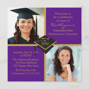 Invitación a graduación de fotos moradas y doradas
