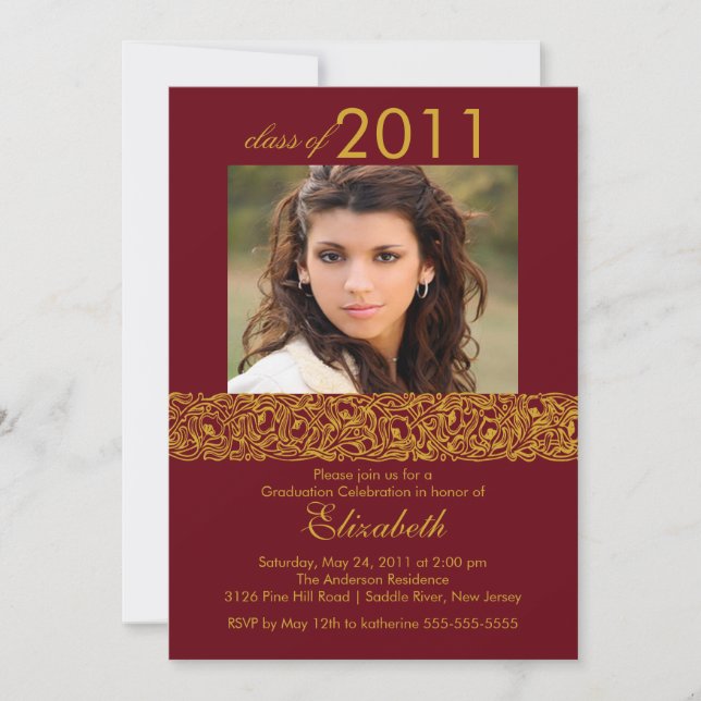 Invitación a graduación de fotos rojas Gold y maro (Anverso)