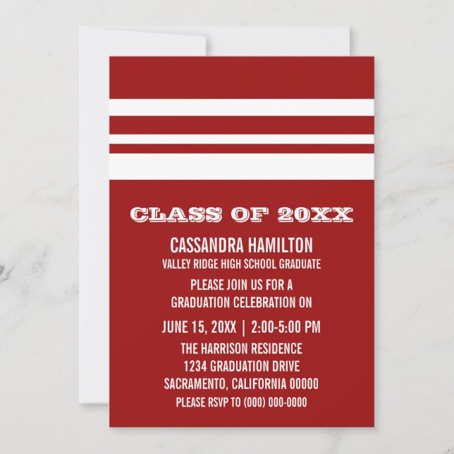 Invitación a graduación de franja negrita roja/bla (Anverso)