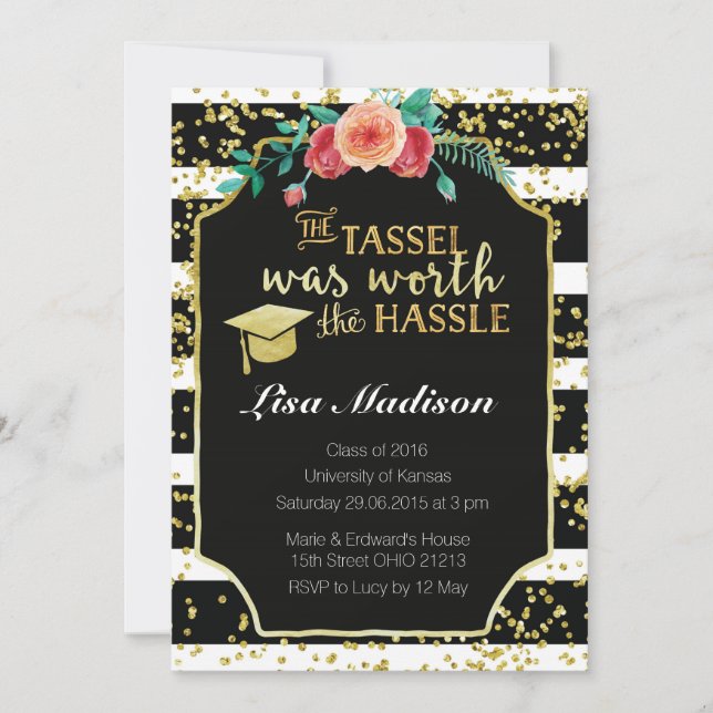 Invitación a graduación de franjas en blanco y neg (Anverso)