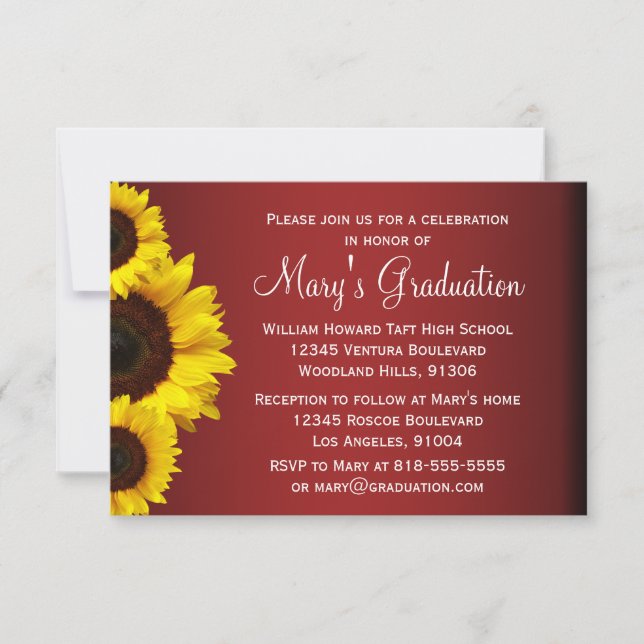 Invitación a graduación de girasol rojo y amarillo (Anverso)