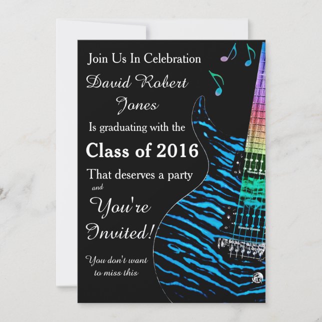 Invitación a graduación de guitarra azul turquesa (Anverso)