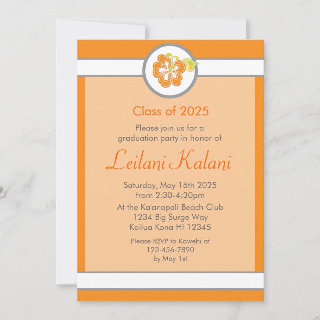 Invitación a graduación de hibisco con tema naranj (Anverso)