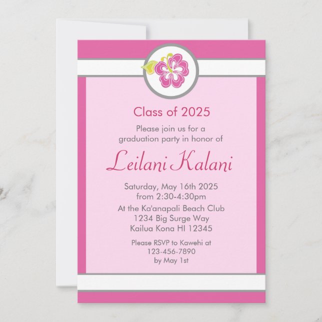 Invitación a graduación de hibiscos de tema rosa d (Anverso)