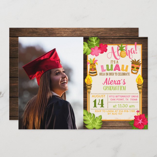Invitación a graduación de Luau con foto - Chica (Anverso / Reverso)