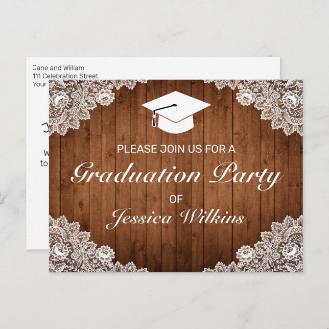 Invitación a graduación de madera rústica y encaje (Anverso / Reverso)