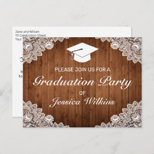Invitación a graduación de madera rústica y encaje
