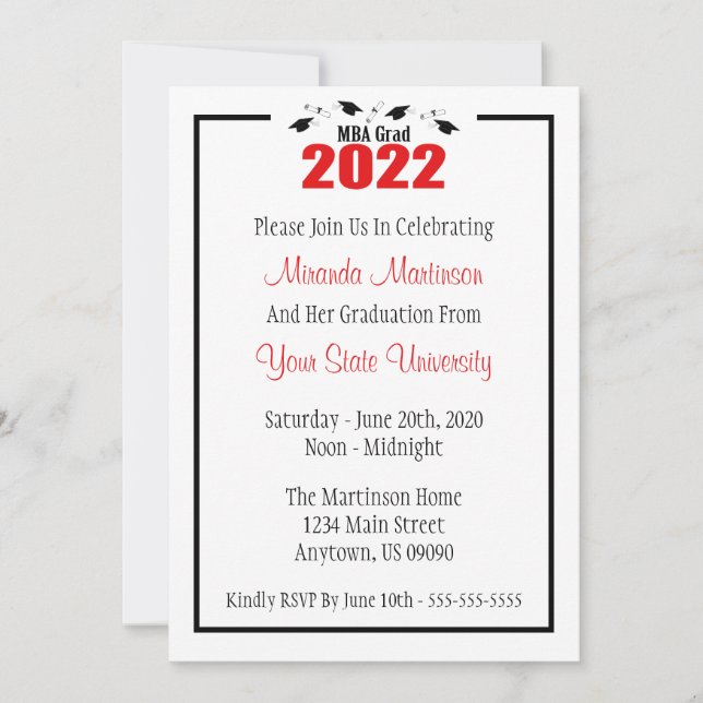Invitación a graduación de MBA Grad 2022 (Caps roj (Anverso)