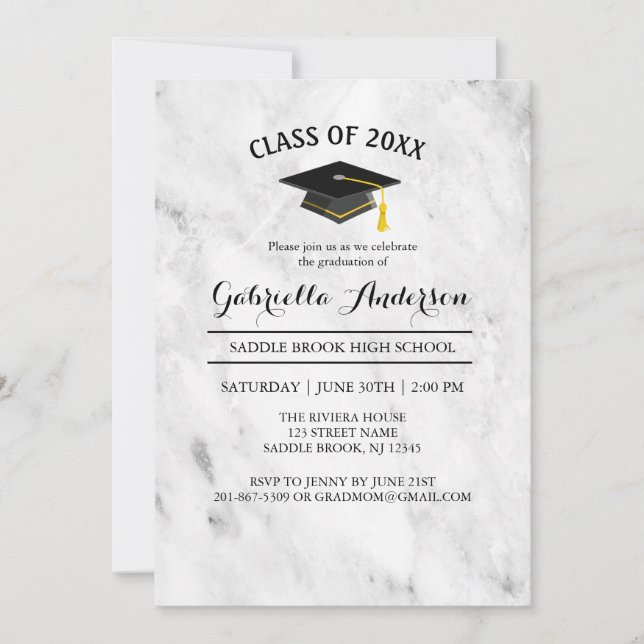Invitación a graduación de moda en mármol blanco (Anverso)