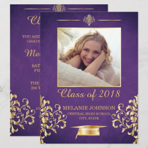 Invitación a graduación de morado y oro