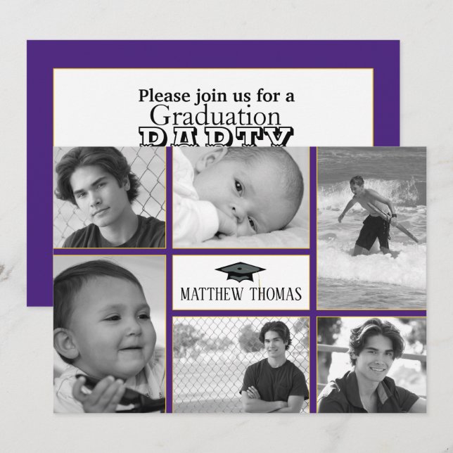 Invitación a graduación de morado y oro, mate 5" x (Anverso / Reverso)