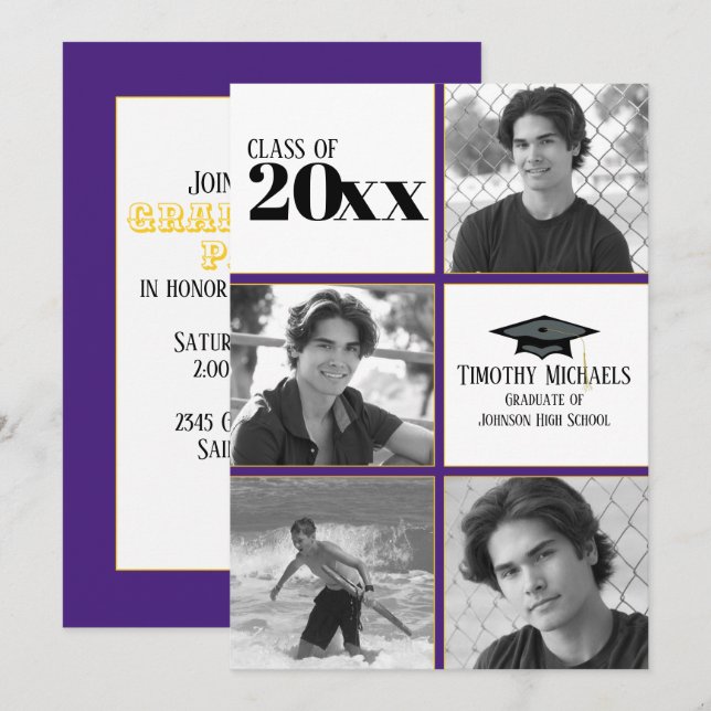 Invitación a graduación de morado y oro, mate 7" x (Anverso / Reverso)