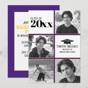 Invitación a graduación de morado y oro, mate 7" x