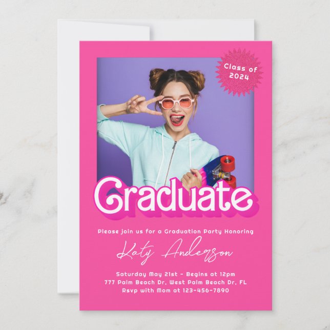 Invitación a graduación de muñecas rosadas Malibu  (Anverso)
