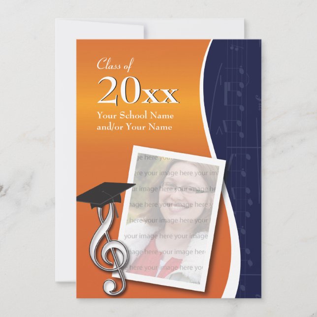 Invitación a graduación de música azul y Naranja (Anverso)