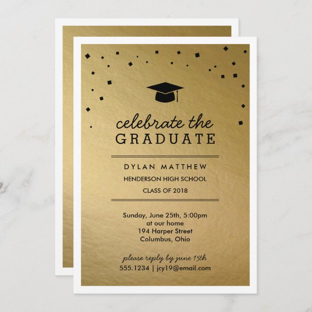 Invitación a graduación de oro de Cap y Confetti (Anverso / Reverso)