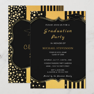 Invitación a graduación de oro negro enmarcado por