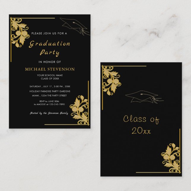 Invitación a graduación de oro negro personalizado (Anverso / Reverso)