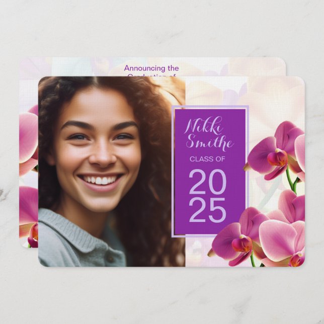 Invitación a graduación de orquídeas de estilo mod (Anverso / Reverso)